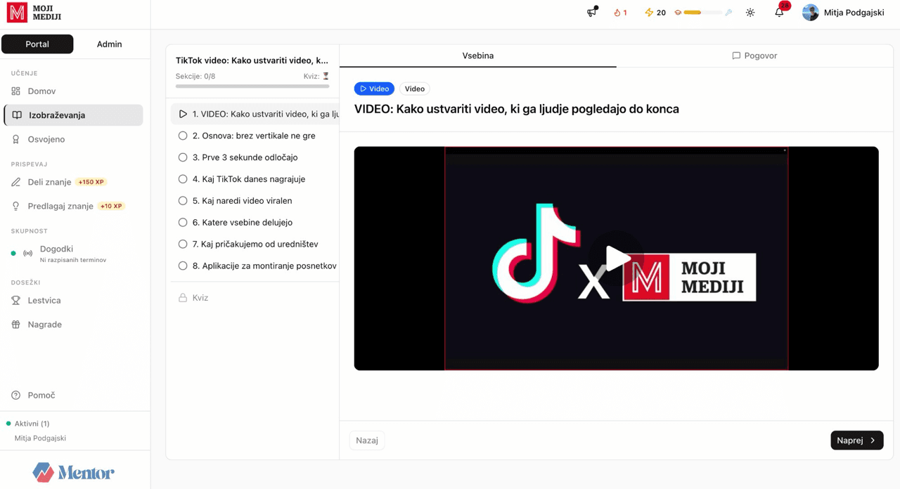 Mentor — dashboard izobraževanj
